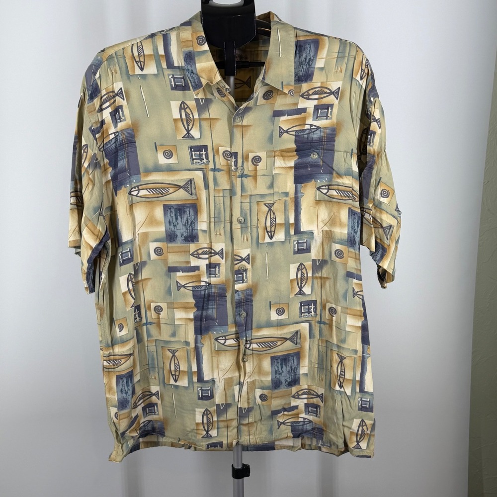 Campia Moda Mens XL Rayon Button Down Shirt Abstract Fish Print Sage Green Tan